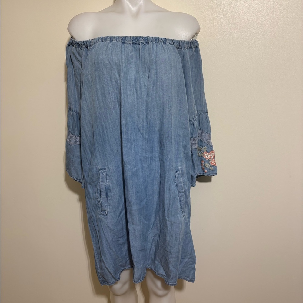 Billy T Off-Shoulder Chambray Midi Dress Embroidered Boho Peasant Style Size L